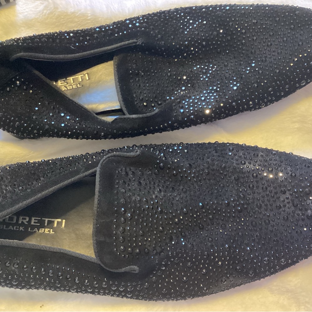 MORETTI MEN’S BLACK LABEL LEATHER SPARKLING BlackDRESS SHOES. RED SOLES. SIZE 10